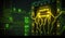 AI generated illustration of a digital circuit board with bright green lights illuminated