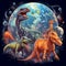 AI generated illustration of dinosaurs against a backdrop of a celestial planet