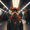 AI generated illustration of a dog in casual outfit standing confidently in a busy subway