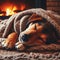 AI generated illustration of a dog resting in front of a cozy fire curled up on a comfy blanket
