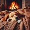 AI generated illustration of a dog resting in front of a cozy fire curled up on a comfy blanket