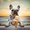 AI generated illustration of a dog seated atop a concrete wall, gazing at an ice cream cone