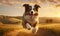 AI generated illustration of A dog sprints across a vast field at sunset, its paws reaching out