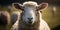 AI generated illustration of domestic sheep with white fur standing on blurred backdrop of nature and looking at camera