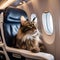 AI generated illustration of a domestic short-haired cat sitting on the seat of an airplane