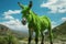 AI generated illustration of a donkey with bright green fur stands atop a sun-kissed hillside