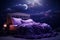 AI generated illustration of a double bed illuminated by a purple light in a cozy bedroom at night