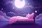 AI generated illustration of a double bed illuminated by a purple light in a cozy bedroom at night