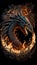 AI generated illustration of a dragon in a smoky and fiery atmosphere against a dark backdrop