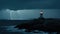 AI generated illustration of a dramatic powerful lightning over the ocean with a lighthouse
