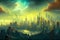 AI generated illustration of a dystopian city skyline under a misty yellow sky