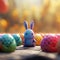 AI generated illustration of an Easter bunny snuggled between a cluster of colorful eggs