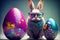 AI generated illustration of an Easter festive bunny with glasses between two giant painted eggs
