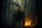 AI generated illustration of an eerie, dark animal with horns in a forest