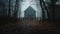 AI generated illustration of an eerie house in a forest with figures walking in the foreground