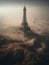 AI generated illustration of the Eiffel tower standing alone in a vast desert landscape