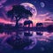 AI generated illustration of elephants strolling by water under a full moon at night