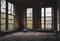 AI-generated illustration of an empty room in an abandoned building with broken windows