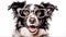 AI generated illustration of an enthusiastic border collie wearing white-rimmed glasses