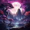 AI generated illustration of an ethereal purple-hued forest at night, with a glowing full moon