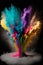 AI generated illustration of an explosion of vibrant powder against a dark background