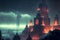 AI generated illustration of fantastic buildings under a foggy sky in the evening