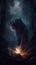 AI generated illustration of a fantastical werewolf standing near a fire in a forest