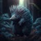 AI-generated illustration of a fantasy hedgehog character in a mysterious forest.