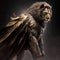 AI generated illustration of a fantasy lion wearing a suit of armor and a cape