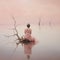 AI generated illustration of a female in a light pink dress on a wooden log on a tranquil lake