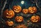 AI generated illustration of festive spooky Halloween pumpkins glowing in the moonlit woods