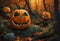 AI generated illustration of festive spooky Halloween pumpkins glowing in the moonlit woods