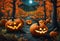 AI generated illustration of festive spooky Halloween pumpkins glowing in the moonlit woods