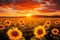 AI generated illustration of a field of sunflowers at sunset