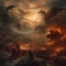 AI generated illustration of a fierce battle scene between dragons and humans