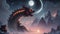 AI generated illustration of a fierce mythical dragon in a mysterious moonlit land