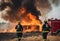 AI generated illustration of firefighters in front of a firetruck while a wildfire rages