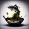 AI generated illustration of a fish over a cooking pan