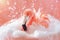 AI generated illustration of a flamingo relaxing amidst bubbles on pink sand