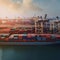 AI generated illustration of a fleet of container ships docked in a busy port