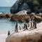 AI generated illustration of a flock of penguins waddling across a sandy beach