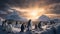 AI generated illustration of a flock of penguins waddling across a snow-covered terrain