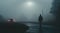 AI generated illustration of a foggy road with a car and a person in the foreground