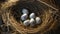 AI generated illustration of fresh eggs laid out in a rustic nest made of straw