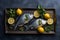 AI generated illustration of fresh, uncooked fish fillets laid upon a bed of yellow lemons