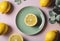 AI-generated illustration of a freshly halved lemon on a plate with decorative leaves