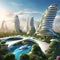 AI generated illustration of futuristic buildings surrounded by greenery in a city