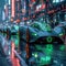 AI generated illustration of futuristic cars with vibrant green lights drive through city streets