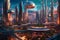AI generated illustration of a futuristic cityscape with numerous airborne vehicles in the sky