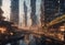 AI generated illustration of a futuristic cityscape with tall, gleaming skyscrapers